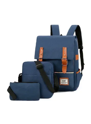 3 Pcs Travel Business Bag Set Laptop Travel Flap Backpack With USB Charging Port & Water Bottle Holder - Dark Blue