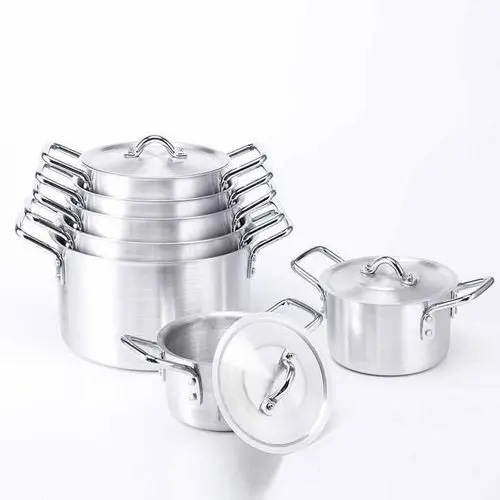 Classic aluminum cooking set with 7 pots and 7 matching lids. Lightweight, durable, and easy to clean with a polished silver finish.